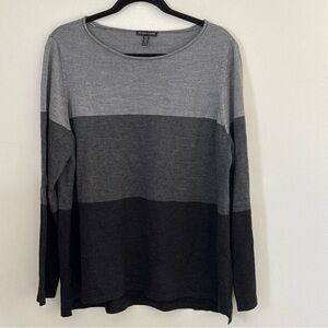 Eileen Fisher Bateau Neck Merino Wool Gray Bold Stripe Sweater XL